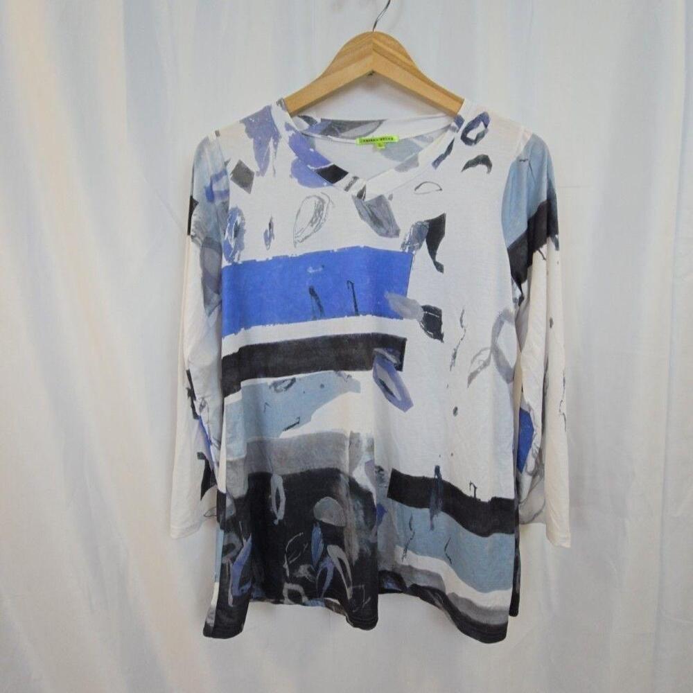 Trisha Tyler Shirt Womens Small Blue Abstract Stripe V Neck 3/4 Sleeve Top